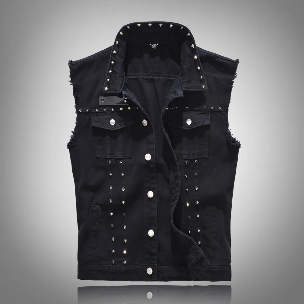 Men's Punk Rock Black Denim Vest Sleeveless Jacket With Rivet Studded Detail Frayed Edges Slim Fit Cotton Blend Waistcoat