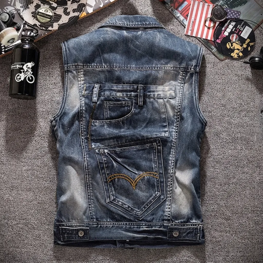 Men Retro Washed Denim Vest Multi Pocket Distressed Sleeveless Jean Jacket Workwear Waistcoat For Streetwear