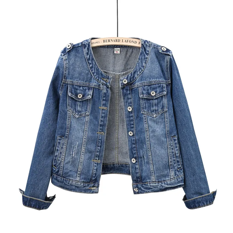 Veste en Jean Courte pour Femmes Col Rond Bleu Délavé Coupe Ajustée Manches Longues Manteau Denim Plus Size Décontracté