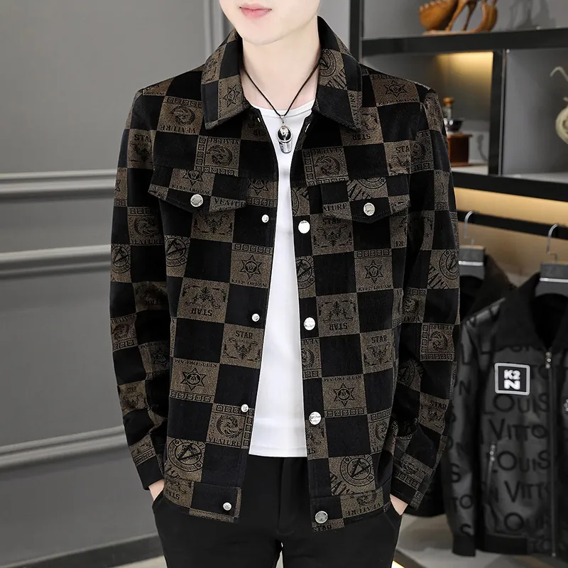Mens Checkerboard Cotton Jacket Letter Star Print Lapel Single Breasted Streetwear Outerwear Fashion Casual Trendy Jacket