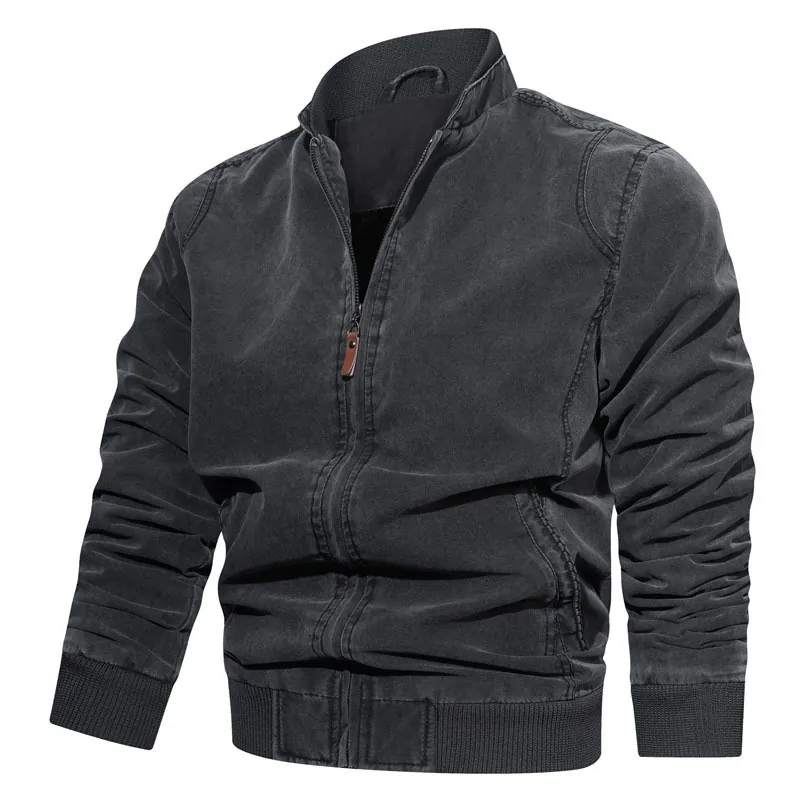 Men's Casual Washed Cotton Jacket Stand Collar Zip Up Ribbed Cuff Bomber Jacket Vintage Workwear Outwear Plus Size Coat