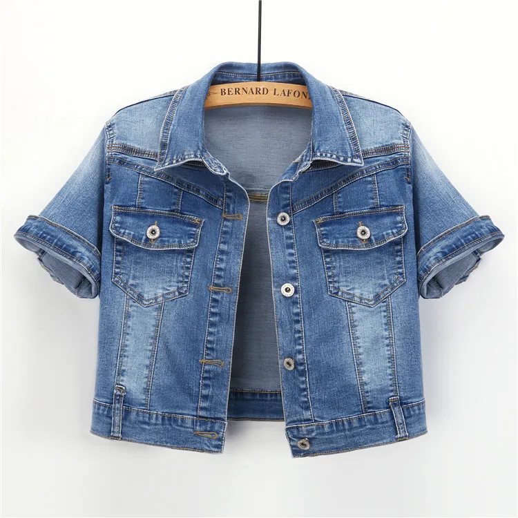 Women Summer Short Sleeve Denim Jacket Cropped Washed Denim Shrug Single Breasted Turn Down Collar Cargo Pocket Outerwear