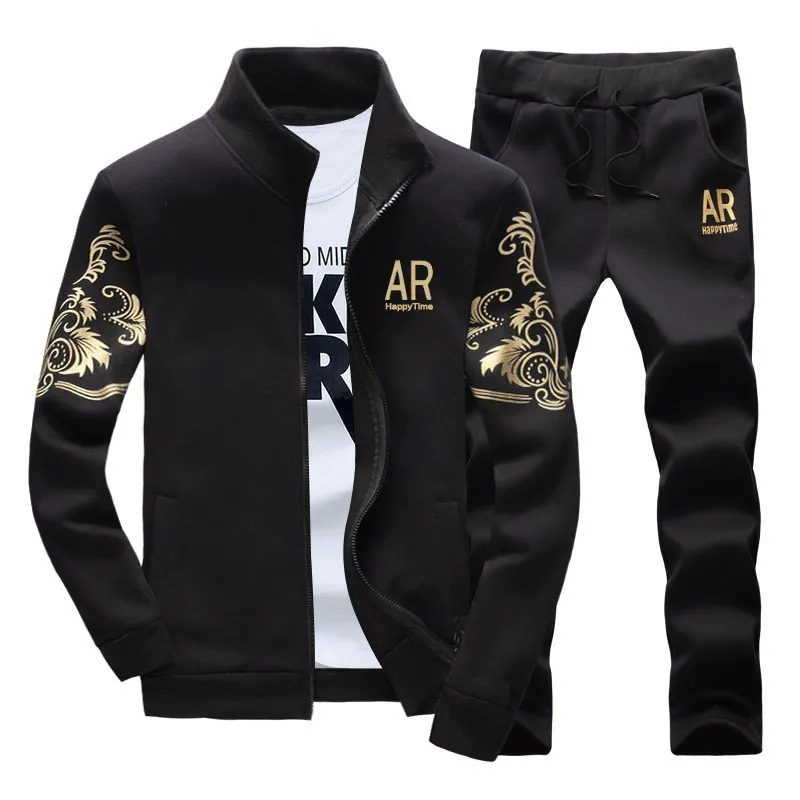 Men Casual Sports Suit Stand Collar Zipper Jacket And Pants Baroque Gold Pattern Polyester Sweatshirt Jogger Outfit