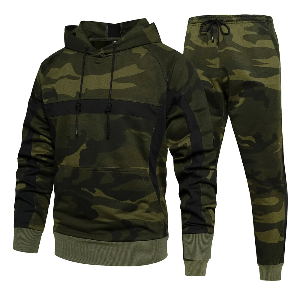 Men's Casual Camouflage Sportswear Hooded Pullover Sweatshirt And Jogger Pants Polyester Athletic Training Outdoor Tracksuit