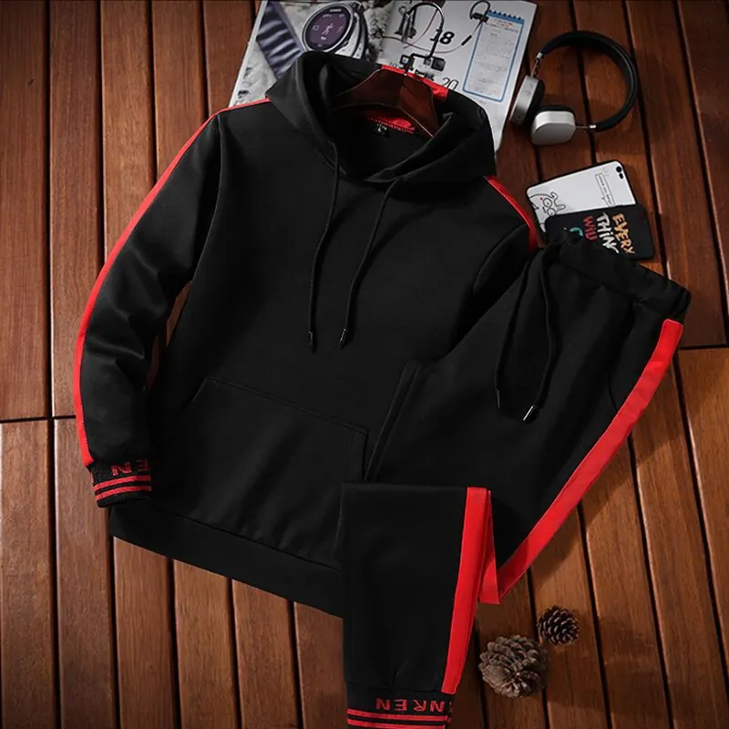 Survêtement Homme Polyester Sweat à Capuche Et Pantalon de Jogging Rayures Latérales Streetwear Coréen Tenues de Sport Automne
