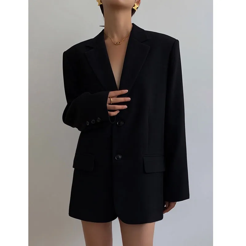 Women Black Oversized Blazer Jacket Elegant Notched Lapel Suit Coat Professional Work Office Lady Long Sleeve Apparel