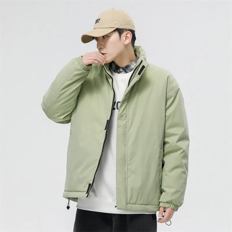 Stand Collar Puffer Jacket Men Polyester Windproof Drawstring Hem Winter Casual Streetwear Korean Ins Style Warm Padded