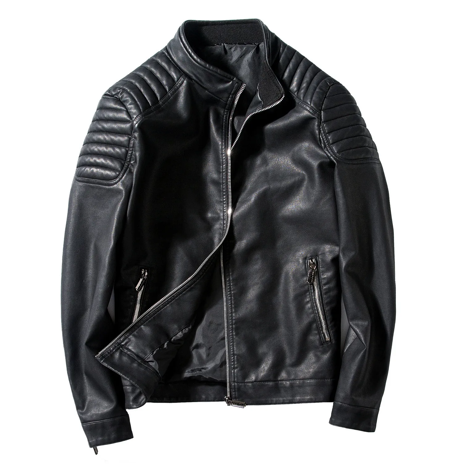 Men Slim Fit PU Leather Biker Jacket Stand Collar Zipper Casual Quilted Shoulder Moto Outerwear Coat For Daily Streetwear
