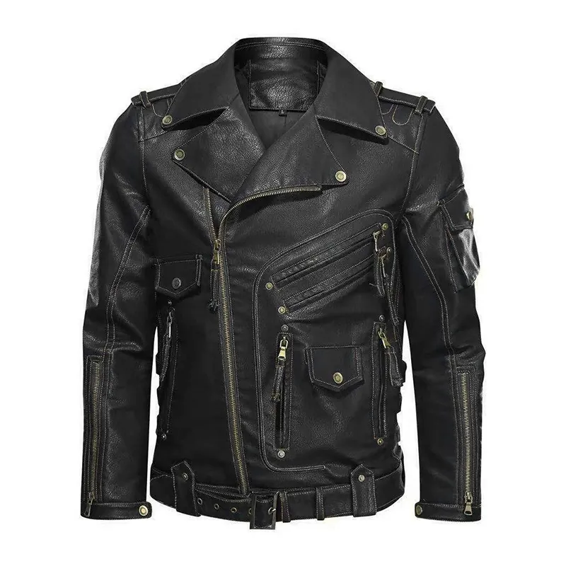 Men's Faux PU Leather Motorcycle Jacket Punk Style Asymmetric Zipper Multi Pocket Belted Moto Biker Coat For Autumn Winter
