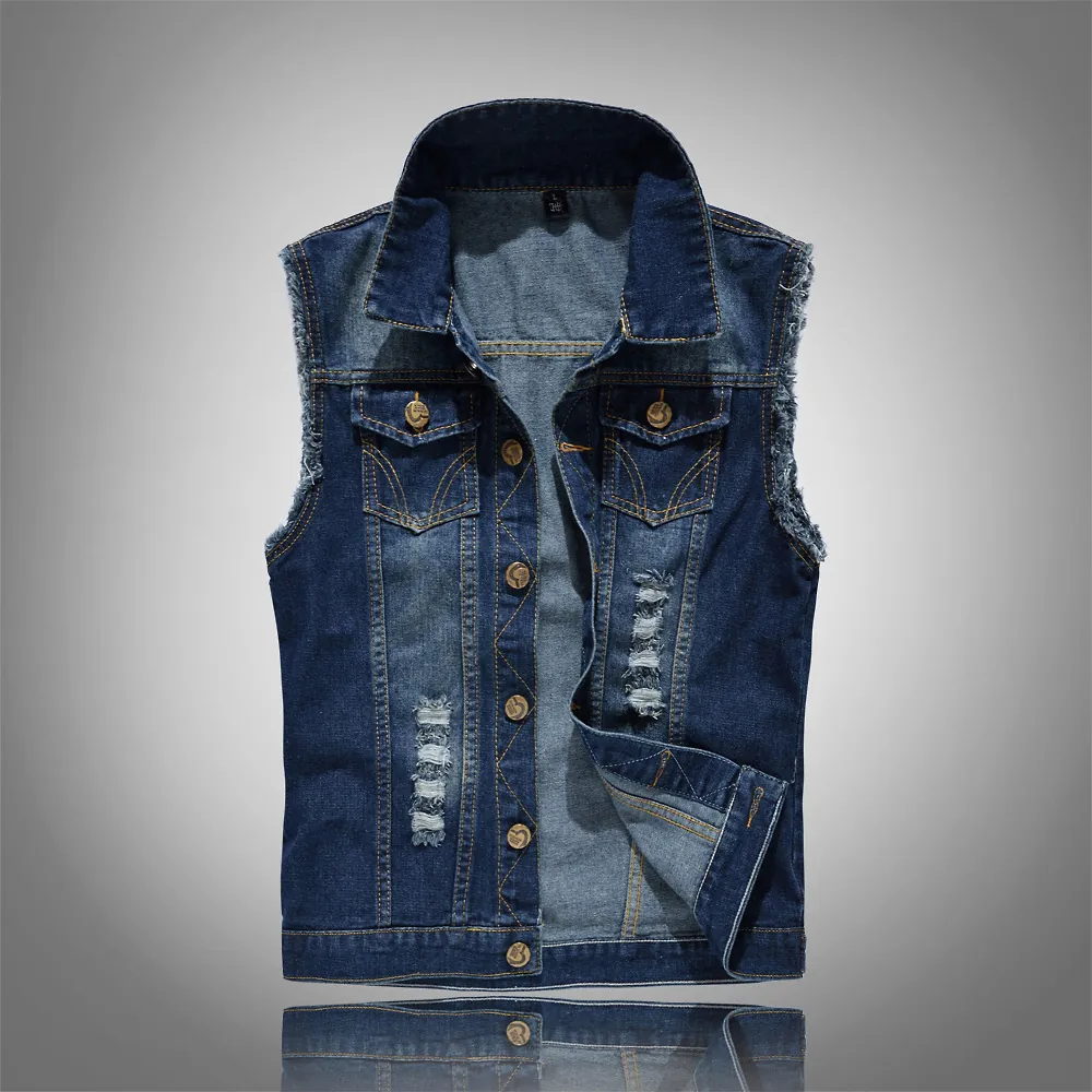 Men's Distressed Denim Vest Cotton Slim Fit Ripped Sleeveless Jacket Casual Motorcycle Button Down Gilet For Men Outerwear Blue