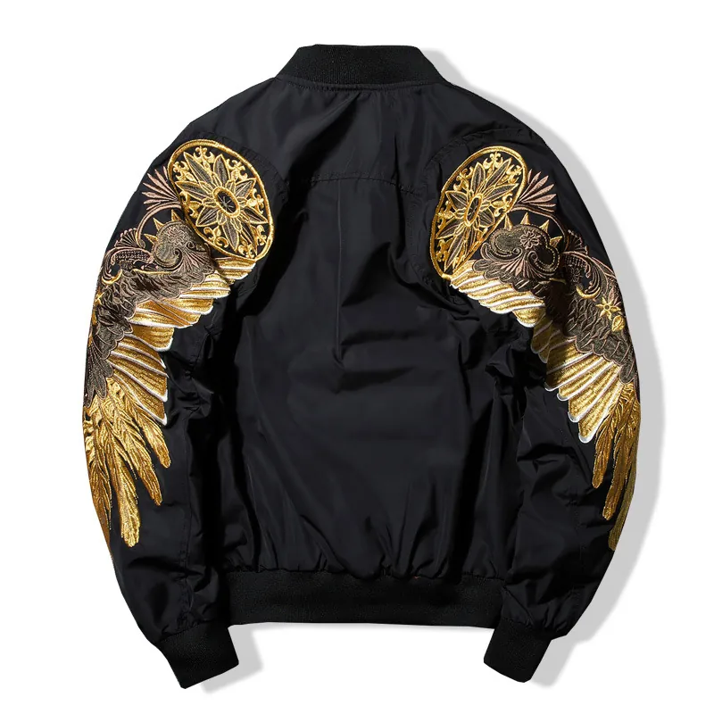 Bomber Jacket Men Polyester Gold Wing Embroidery Eagle Badge Harajuku Streetwear Outwear Retro Baseball Uniform
