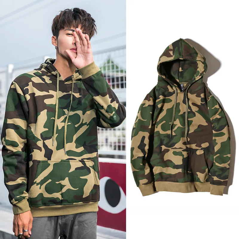 Men Casual Camouflage Hoodie Fleece Combed Cotton Blend Kangaroo Pocket Pullover Drawstring Streetwear Hooded Sweatshirt