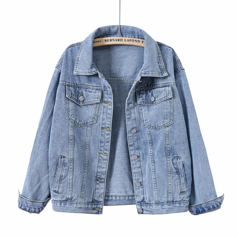 Women's Vintage Blue Washed Denim Jacket Oversized BF Style Lapel Long Sleeve Single Breasted Cotton Blend Casual Outerwear