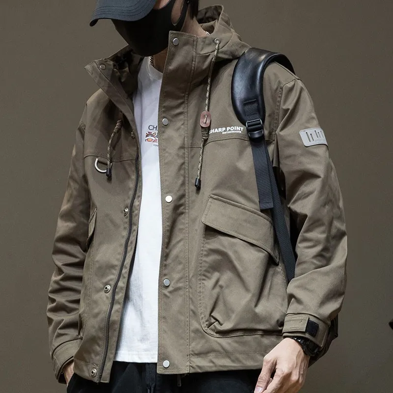 Men Hooded Cargo Jacket Windproof Polyester Fabric Multi Pockets Streetwear American Tactical Loose Outerwear Fashion Top