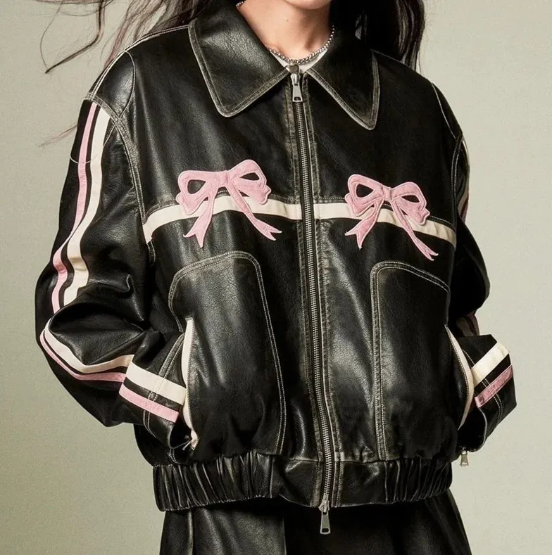 Women Vintage Synthetic Leather Bow Jacket Sweet Cool Biker Coat Distressed Streetwear With Bow Embroidery Zipper Outerwear
