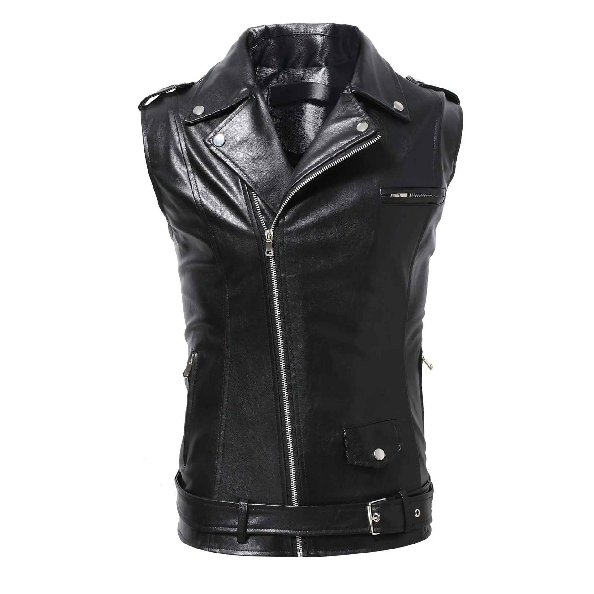Men Slim Fit PU Leather Motorcycle Vest Sleeveless Biker Jacket With Asymmetric Zipper And Belt Punk Rock Style Black