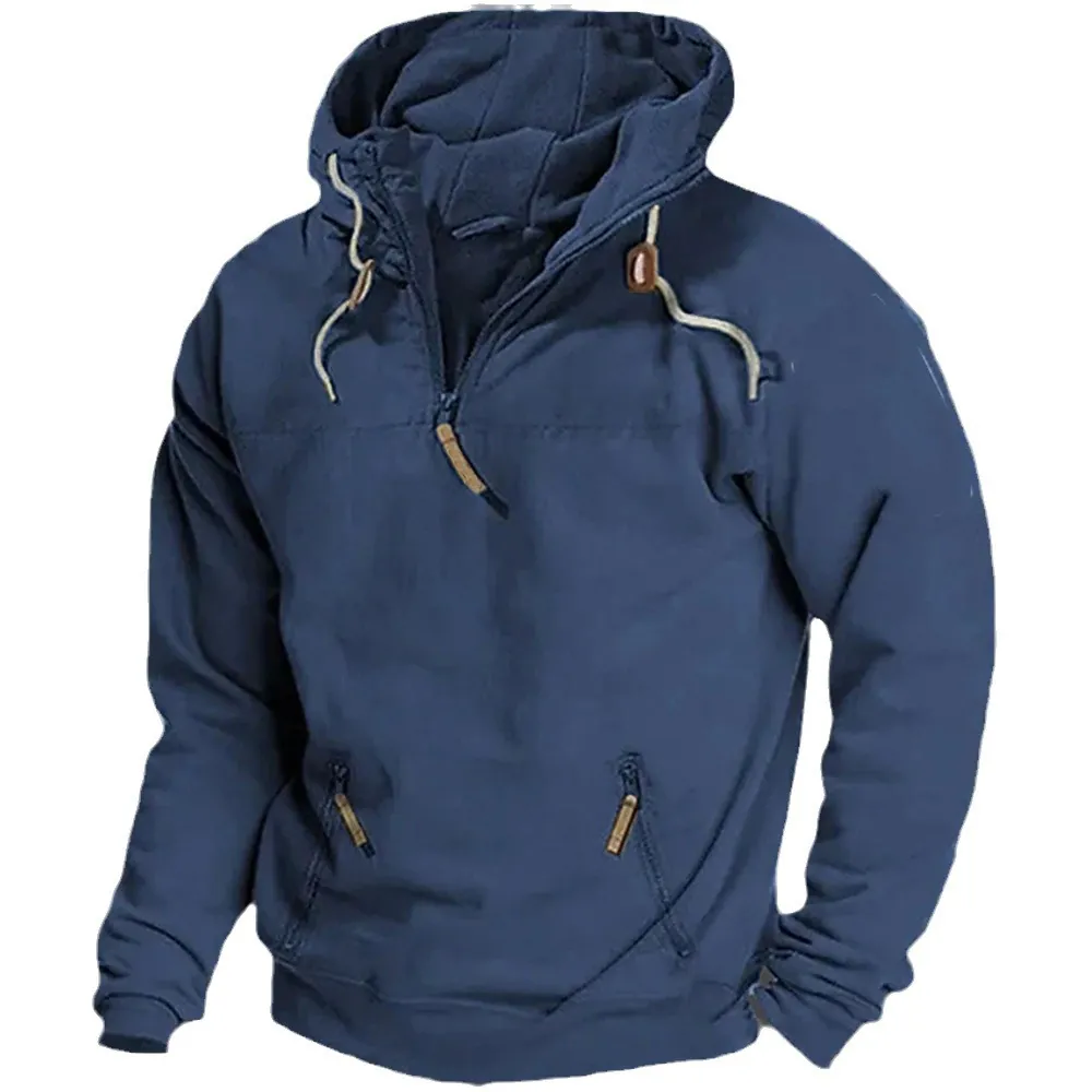 Sweat-shirt à Capuche Tactique pour Hommes Mélange de Coton Quart de Zip Pull Outdoor Décontracté Veste Hoodie Large