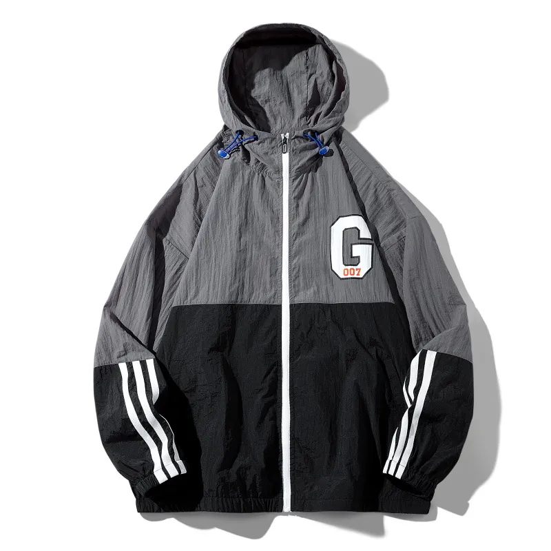 Veste Homme à Capuche Patchwork Protection Solaire UV Respirant Coupe-Vent Fermeture Éclair Ample Casual G 007