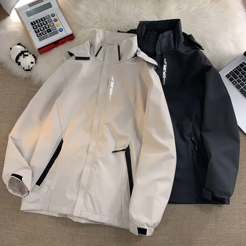 Men Hooded Windbreaker Jacket Polyester Fabric Windproof Wear Resistant For Outdoor Hiking Casual American Techwear Style Top