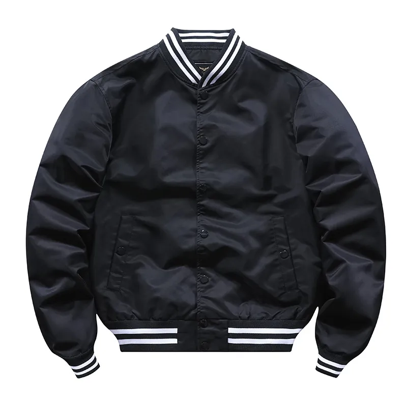 Men Varsity Jacket American Retro Baseball Bomber Jacket Windproof Snap Button Outerwear With Striped Ribbed Trim Casual Daily Sporty Coat