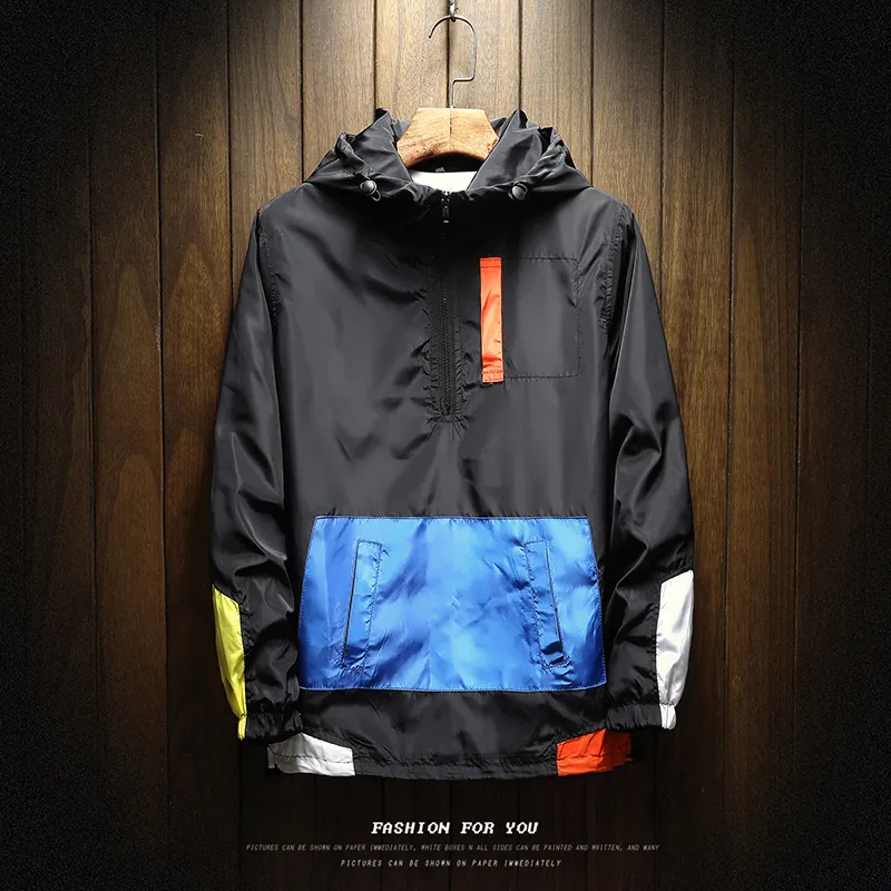 Men's Hooded Windbreaker Jacket Color Block Patchwork Loose Casual Coat Outerwear Sportswear Pullover Jacket For Men