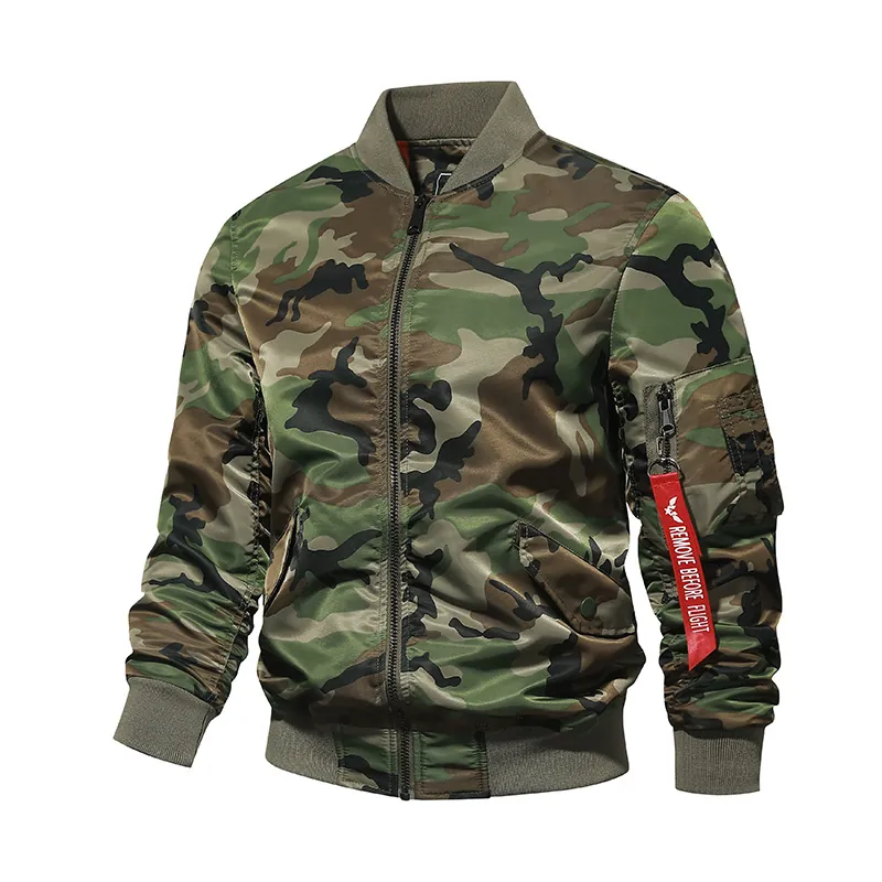 Bombardier Camouflage pour Hommes Veste de Vol MA1 en Nylon Coupe-Vent Vêtement d'Extérieur Décontracté Style Militaire Avec Ruban