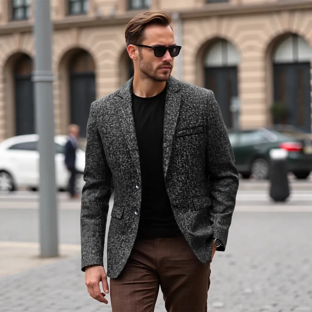 Men Business Casual Blazer Lightweight Polyester Mottled Texture Notch Lapel Suit Jacket For Office Daily Wear Slim Fit