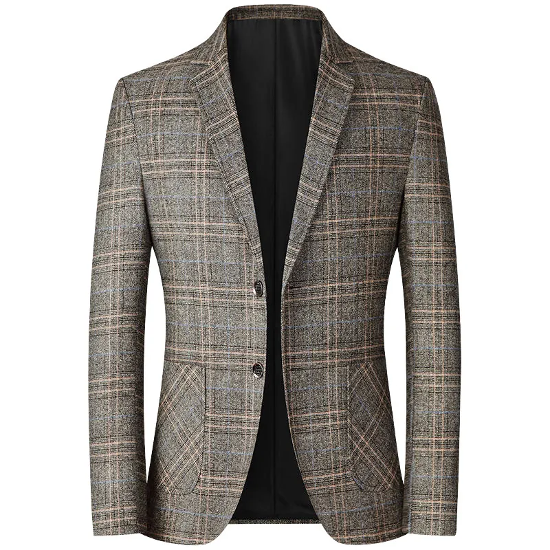 Men Casual Plaid Blazer Notch Lapel Mercerized Linen Slim Fit Single Breasted Suit Jacket For Middle Aged Men Business Casual Coat
