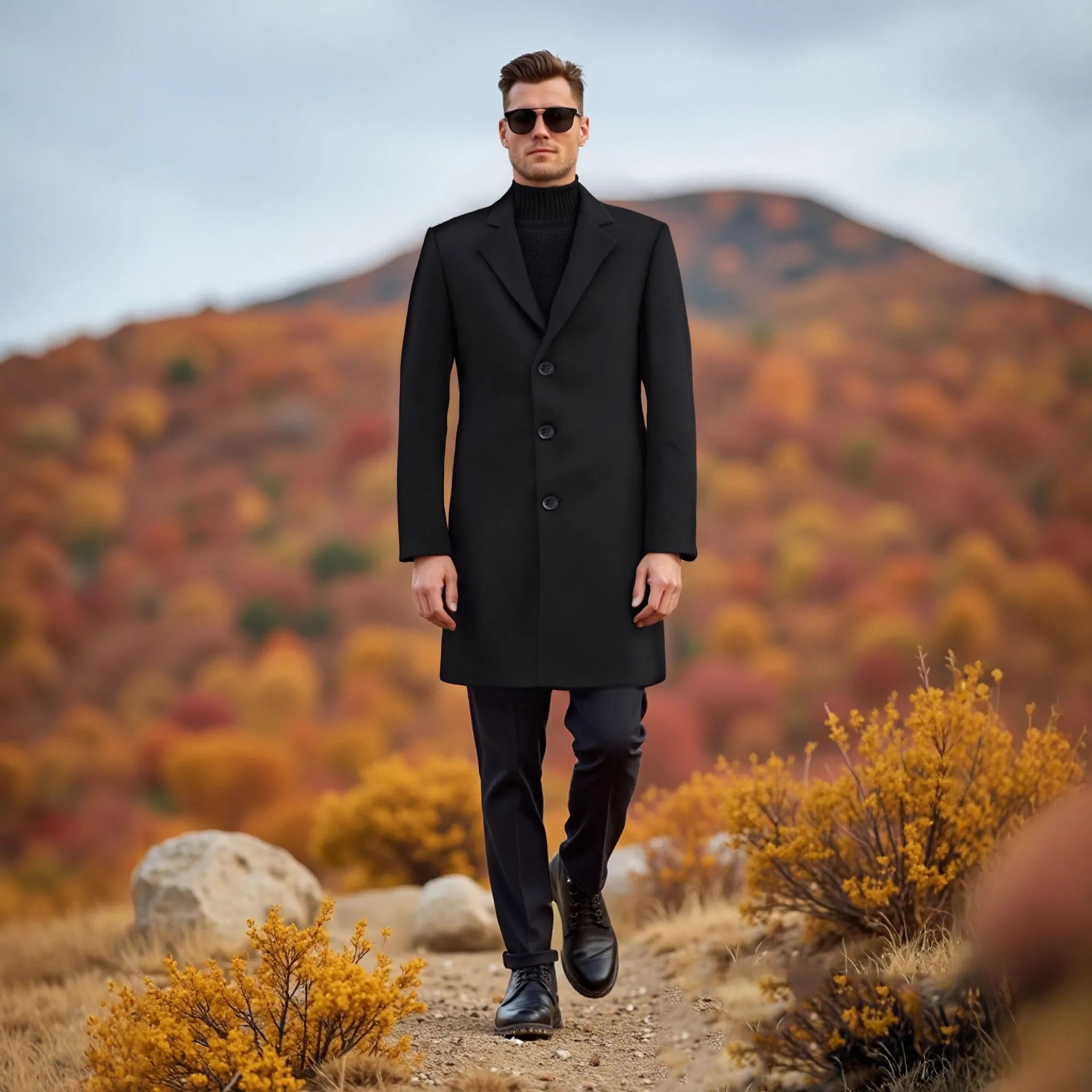 Men Mid Length Slim Fit Trench Coat Single Breasted Notch Lapel Business Casual Overcoat Classic Warm Outerwear Jackets