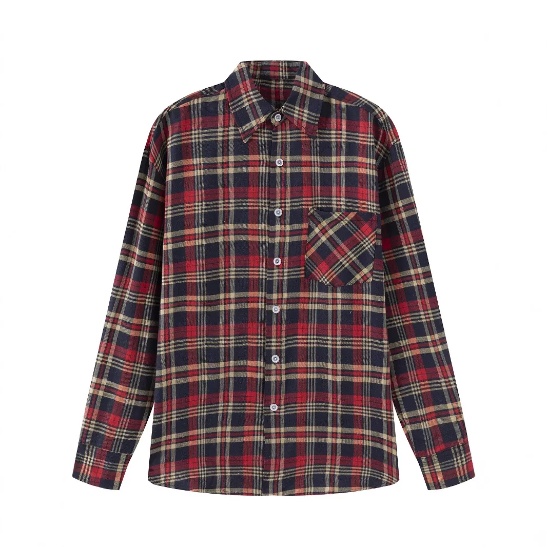 Chemise à Carreaux Décontractée pour Hommes Manches Longues Couleur Contrastée Revers Boutonné avec Poche Poitrine Mode