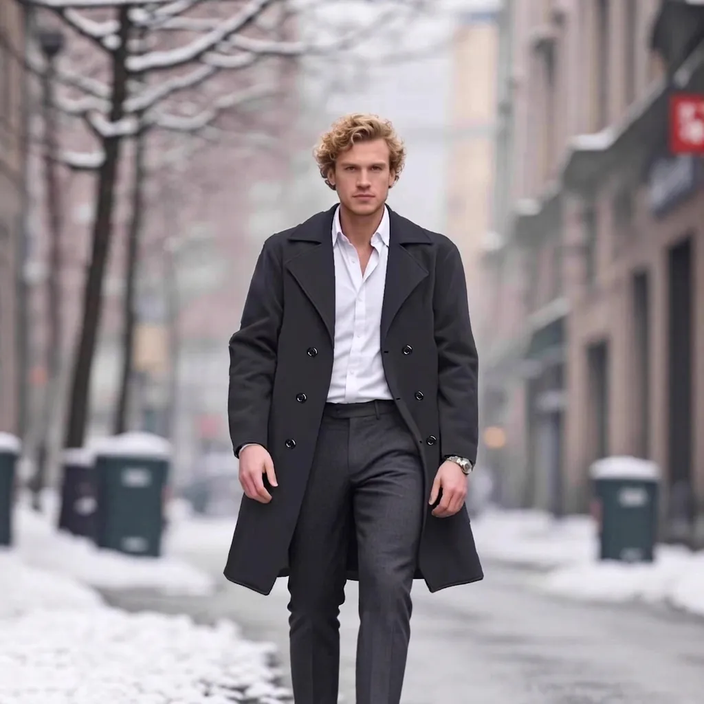 Men's Long Double Breasted Woolen Overcoat Winter Business Casual Slim Fit Lapel Jacket Outwear Polyester Wool Blend