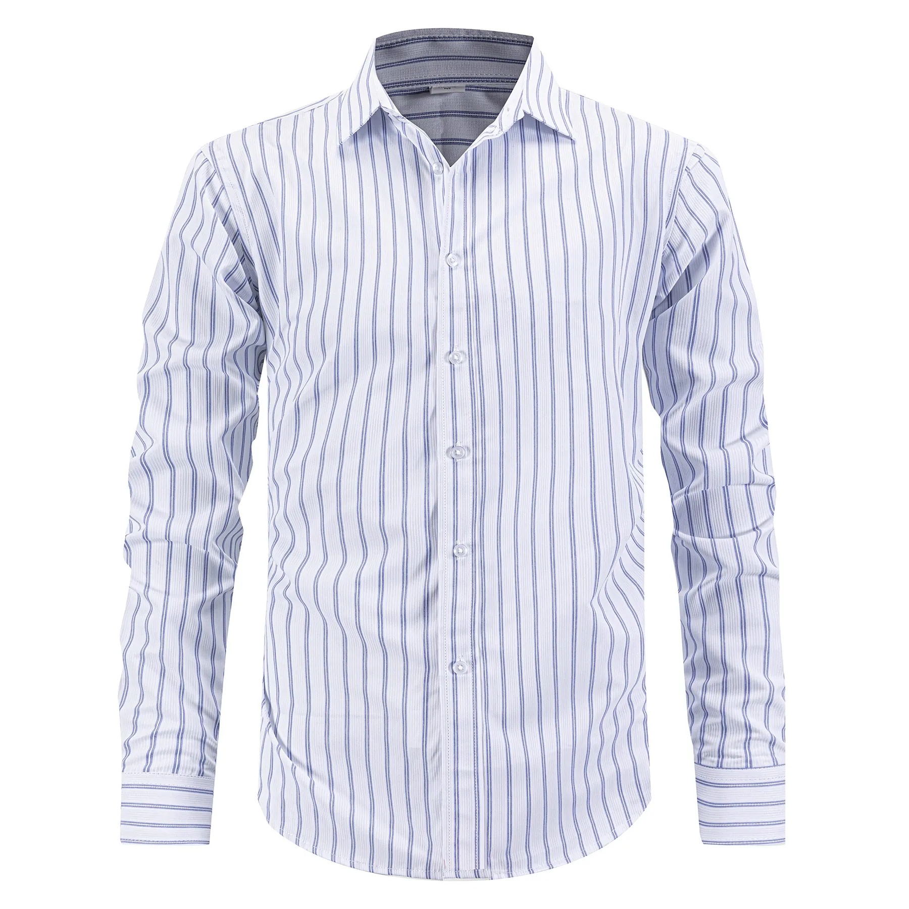 Men's Business Casual Striped Shirt Long Sleeve Button Down Gentleman Top Polyester Rayon Blend Non-Iron Classic Lapel Shirt