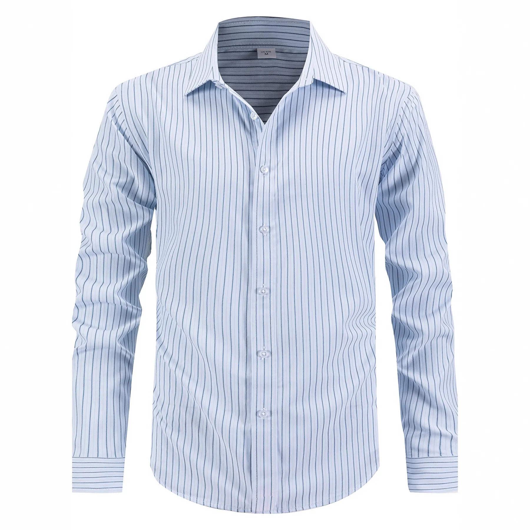 Men Long Sleeve Striped Business Shirt Casual Non-Iron Gentleman Button Down Lapel Top For Daily Office Wear