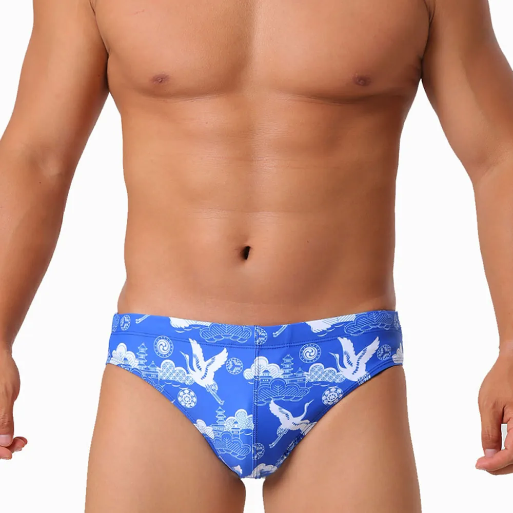 Slips de Bain pour Hommes avec Impression de Grue Orientale Polyester Élasthanne Séchage Rapide Motif Nuages Traditionnels