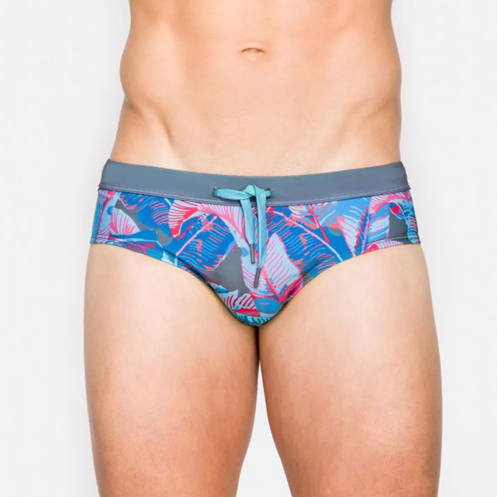 Slip da Bagno da Uomo Asciugatura Rapida Stampa di Foglie Tropicali Coulisse Regolabile Vacanze al Mare Surf Vita Bassa Poliestere Elastan Costume da Bagno