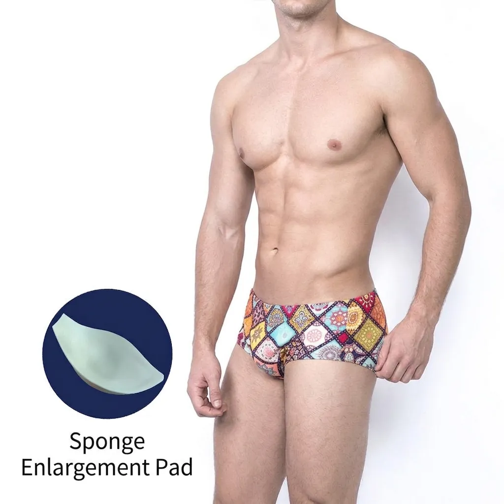 Men Ethnic Print Swim Trunks With Removable Sponge Padding Low Waist Patchwork Mandala Geometric Boxer Briefs Quick Dry Beachwear