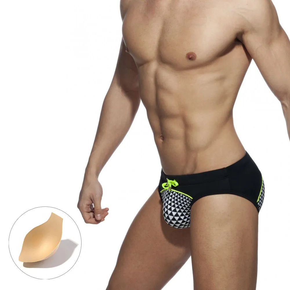 Men Sexy Swim Briefs Geometric Mosaic Print Splicing Bikini With Removable Cup Padding Drawstring Quick Dry Swimming Trunks