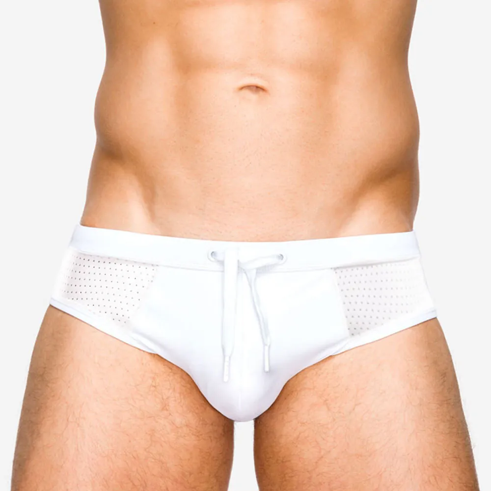 Men Sexy Mesh Patchwork Swim Briefs Nylon Spandex Quick Dry Low Rise Drawstring Swimming Beach Surf Trunks Swimwear