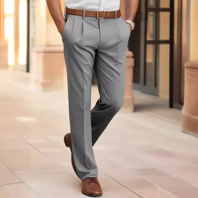 Men Dress Pants Breathable Cotton Straight Leg Pleated Front Business Casual Trousers For Office Wedding Men Clothing