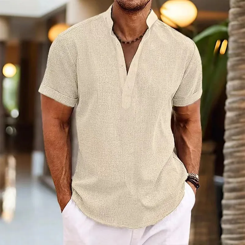 Men's Casual Linen Blend Henley Shirt Solid Color Mandarin Collar Short Sleeve Pullover Top Lightweight Breathable Summer Vacation Wear