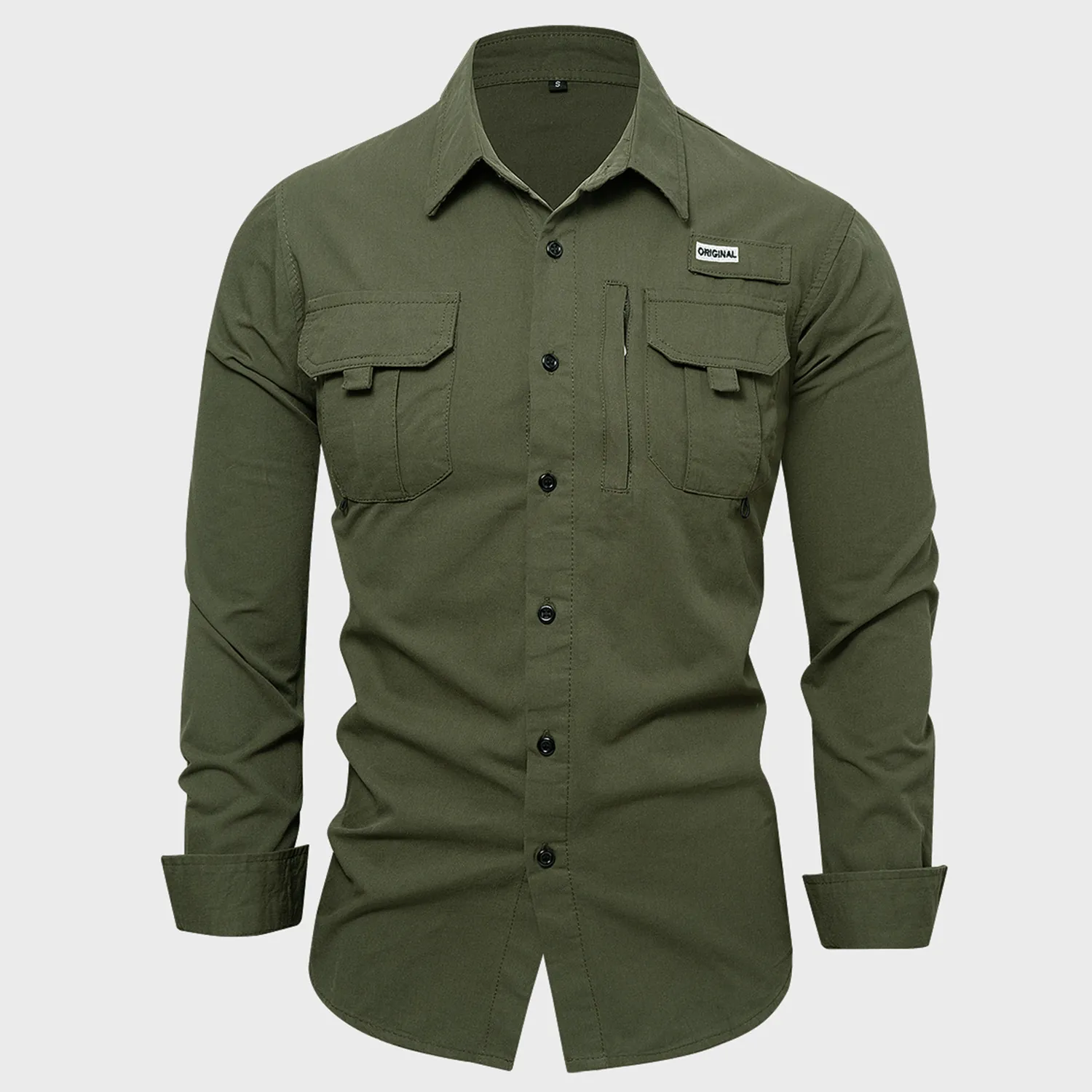 Men Cotton Long Sleeve Shirt Solid Color Multi Pocket Workwear Cargo Tactical Casual Button Down Tops US Size Outwear