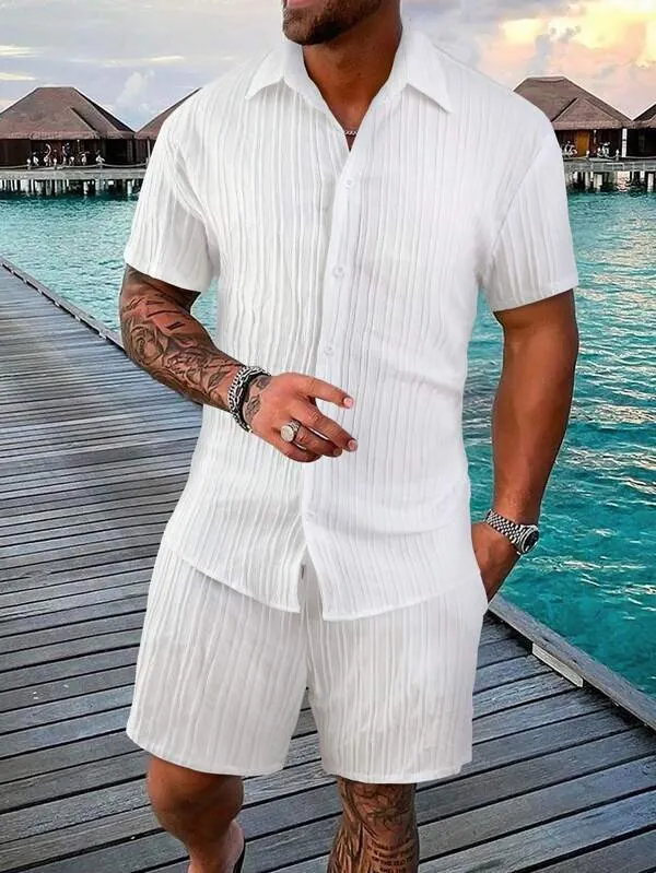 Herren Casual Gerippt Polyester Kurzarm Polo Hemd Und Shorts Top And Bottom Sommer Strand Resort Sportlich Outfit