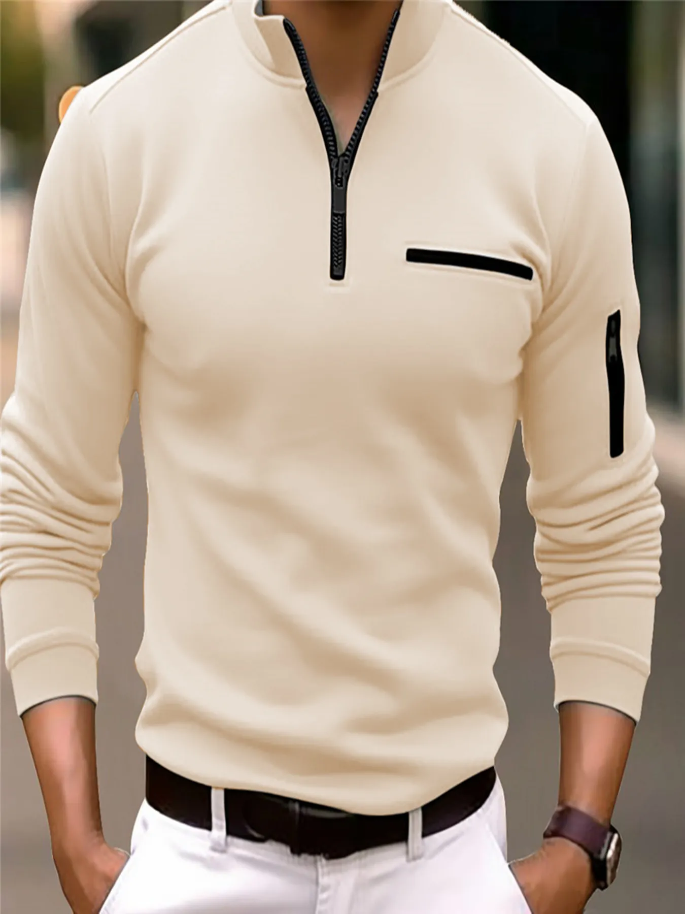 Men's American Retro Long Sleeve Stand Collar Polo Shirt Solid Color Zipper Decoration Slim Fit Casual Polyester Top