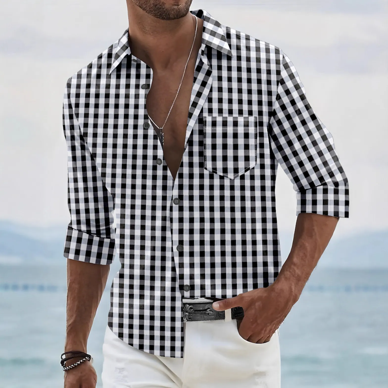 Men Casual Gingham Plaid Long Sleeve Shirt Cotton Blend Button Down Shirt With Chest Pocket Plaid Pattern Top For Men Daily