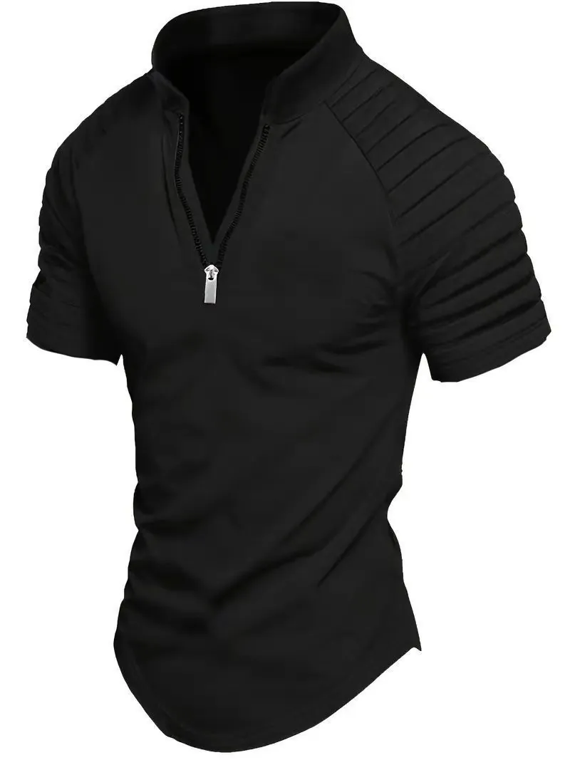 Polo da Uomo con Cerniera Manica Corta Top Sportivo da Golf Tinta Unita Patchwork Plissettato Casual Estate Moda Traspirante