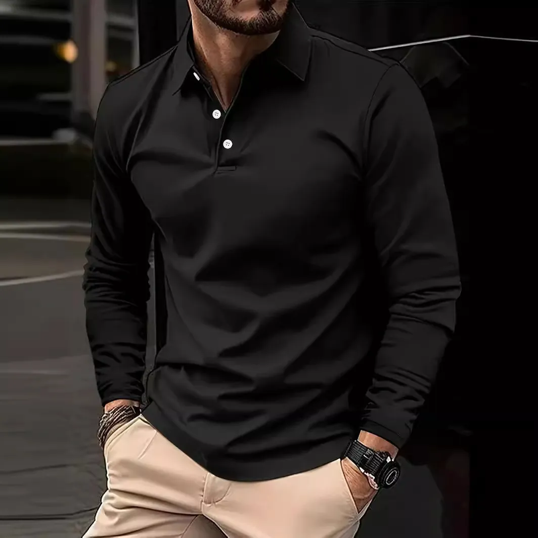 Polo da Uomo Casual a Maniche Lunghe Collo a Risvolto Abbassato Tinta Unita Top in Poliestere per Uso Quotidiano Urbano