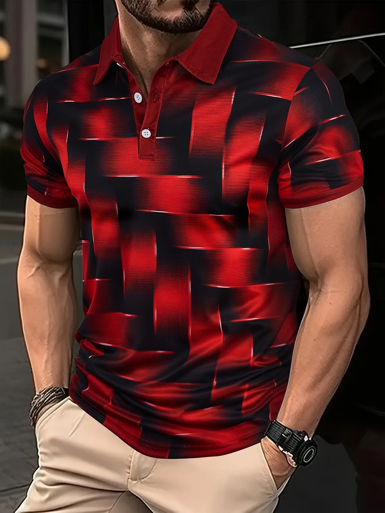 Polo da Uomo a Maniche Corte con Stampa a Griglia Geometrica Astratta Vestibilità Slim Top in Poliestere Traspirante