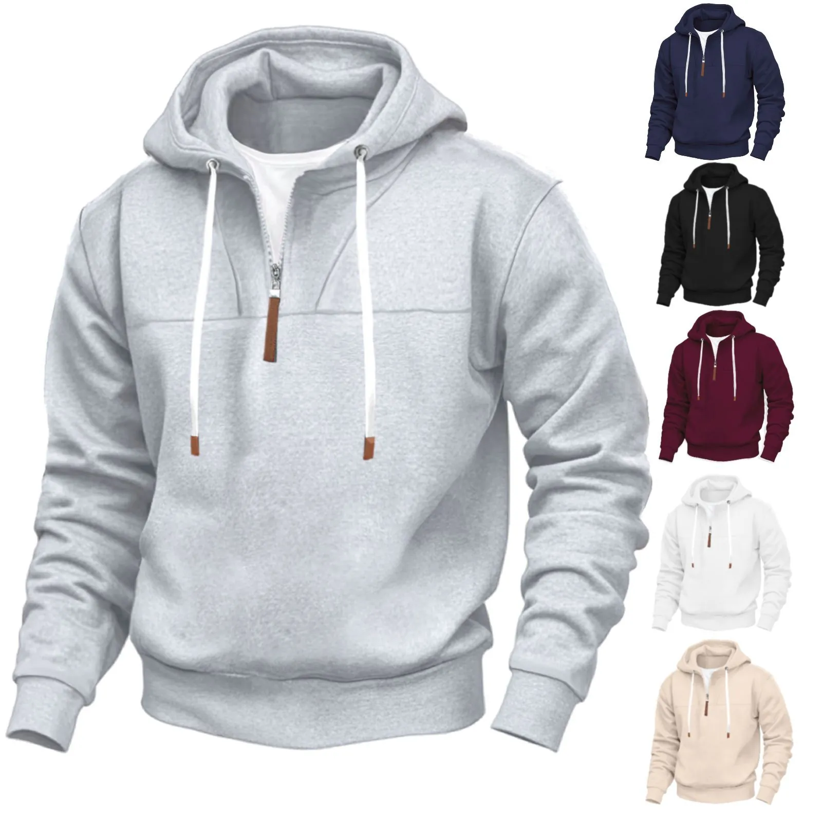 Felpa con Cappuccio da Uomo Mezza Zip Foderata in Pile Patchwork Manica Lunga Vestibilità Comoda Casual Stile Americano