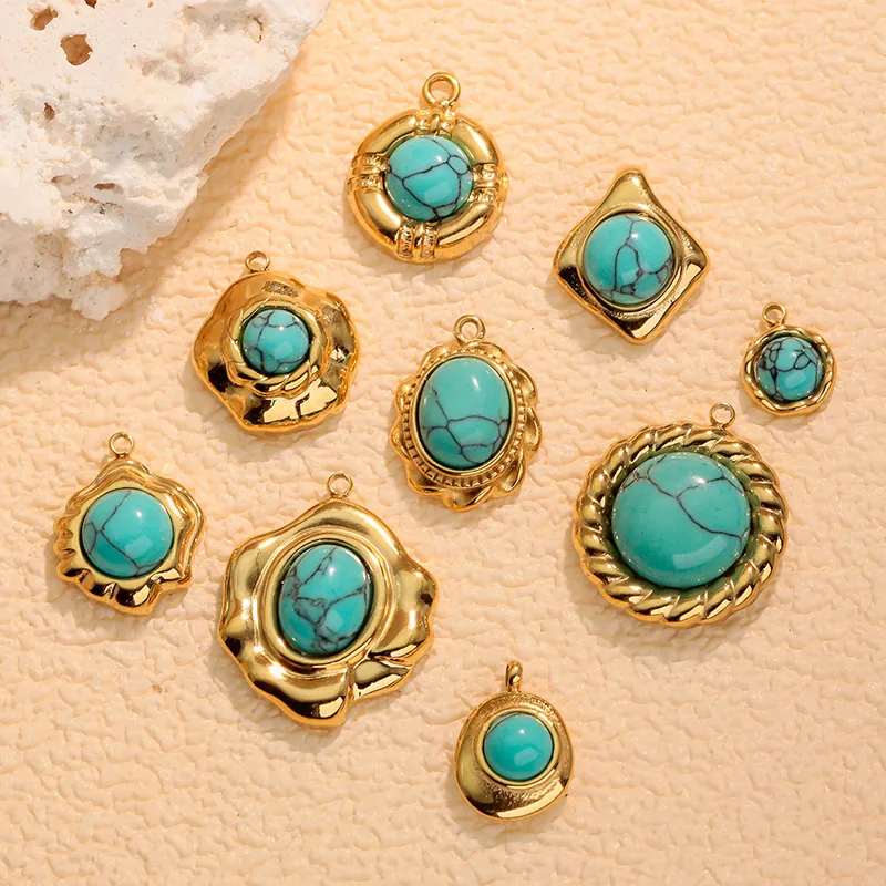 Vintage Stainless Steel Turquoise Geometric Pendants For DIY Jewelry Making Gold Plated Metal Charms For Necklace Earring