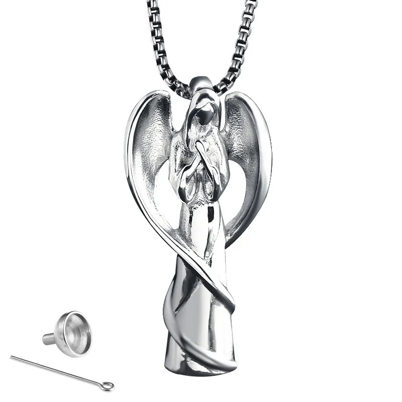 Collier Pendentif Urne Ailes d'Ange en Prière en Acier Inoxydable pour Cendres Bijoux de Crémation Commémorative Homme Femme